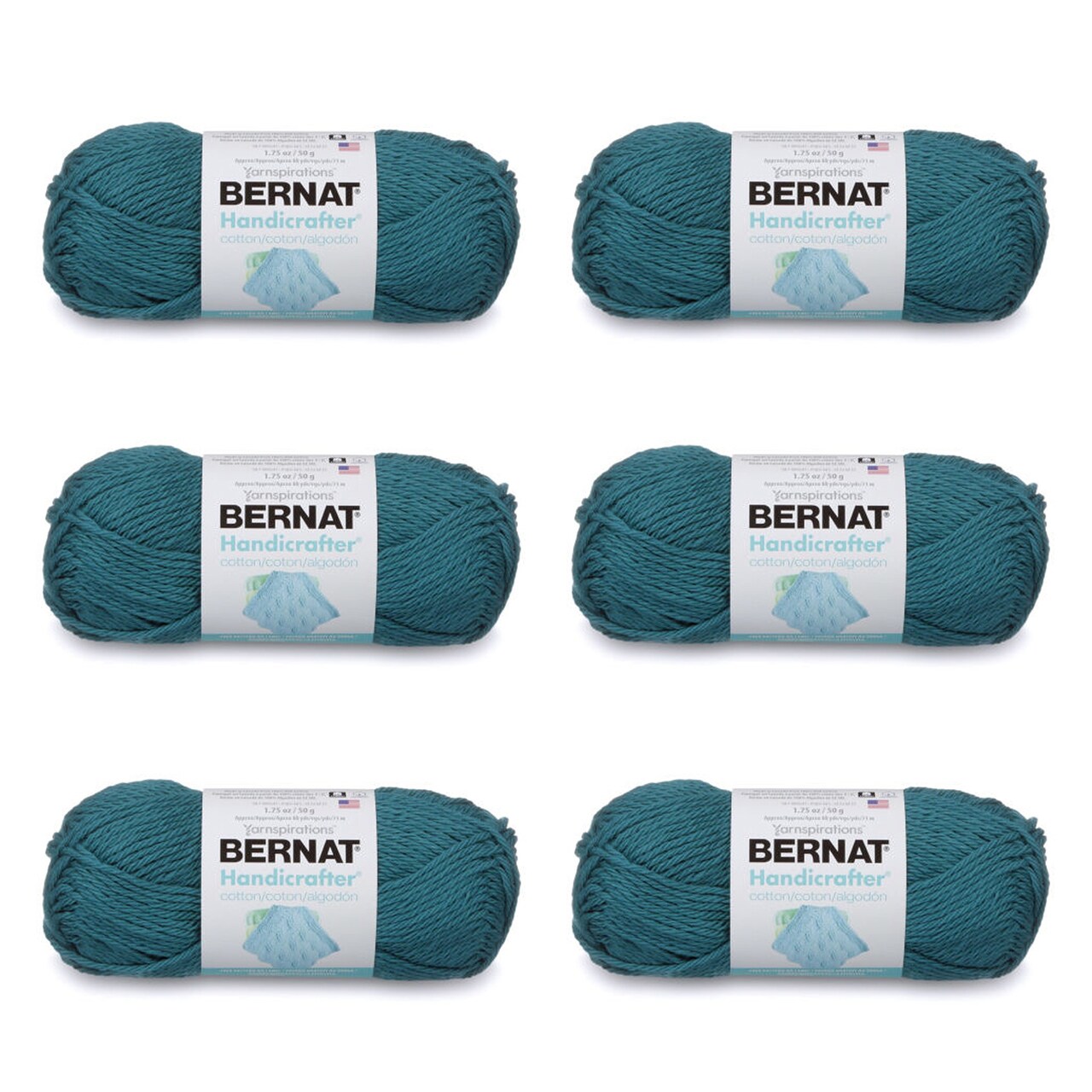 Bernat Handicrafter Cotton Teal Yarn - 6 Pack of 50g/1.75oz - Cotton - 4 Medium (Worsted) - 80 Yards - Knitting/Crochet